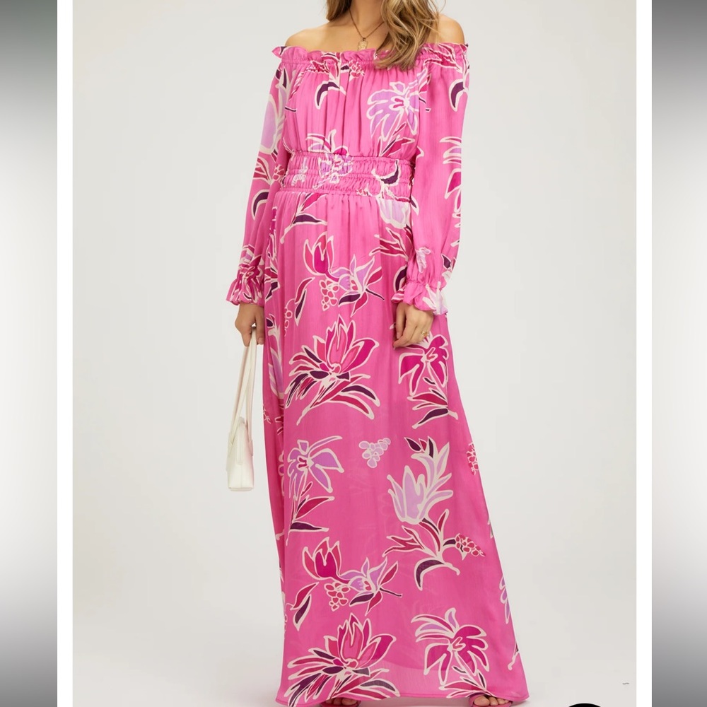 NWT Pink Blush Medium Fuchsia Floral Ruffle Neck Maternity Maxi Dress